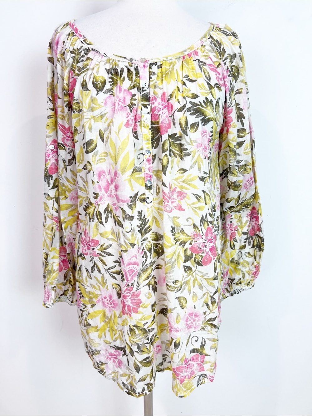 H&M WHITE YELLOW PINK FLORAL LONG SLEEVE BLOUSE WOMENS SZ MEDIUM